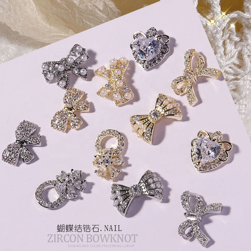 NZJ053 New alloy zircon shiny rhinestone bow love ribbon DIY nail art accessories decorative accessories