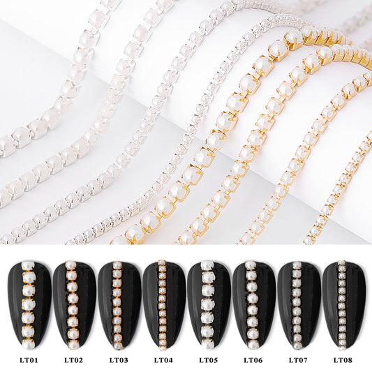 NDE010  ForLife Shiny Zircon Chain Nail Art Gold Base Pearl Chain Phototherapy Nail Ornament Nail Art Decorations DIY Jewelry