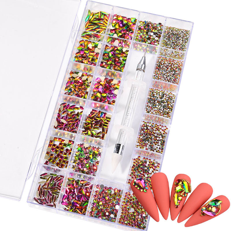 NRB014  Crystal Flame color Nail Art Mix Shape Fancy Shaped In Box Flat Bottom Glass nail rhinestone art decoration white rhinestones