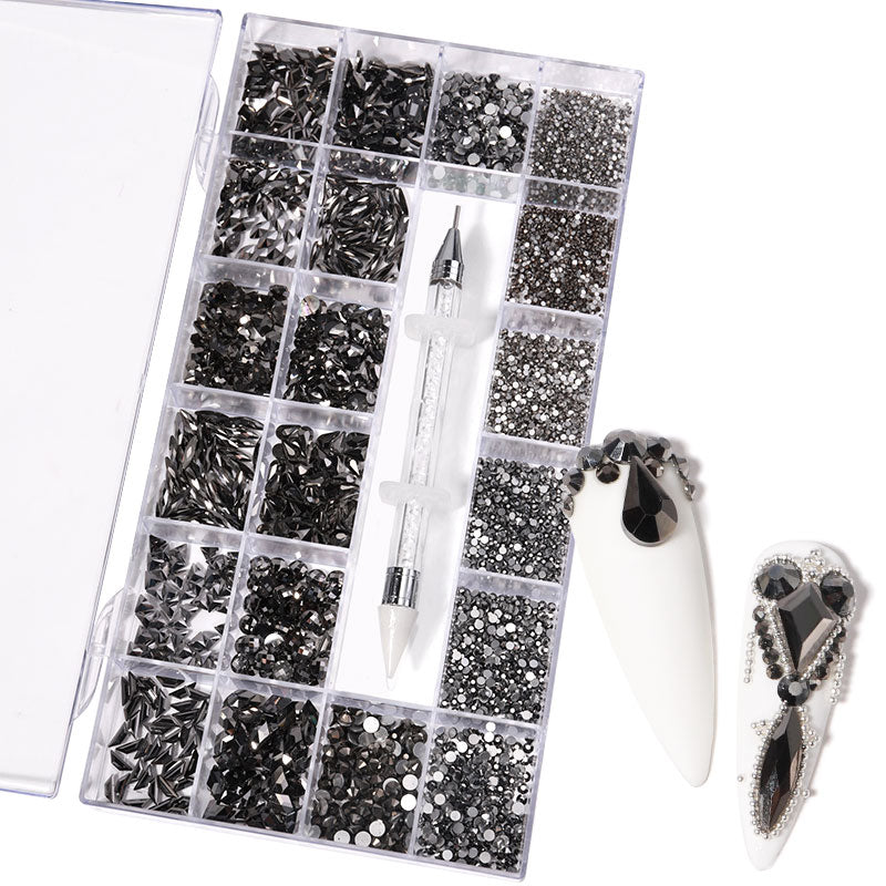 NRB008  Crystal black Nail Art Mix Shape Fancy Shaped In Box Flat Bottom Glass nail rhinestone art decoration black rhinestones