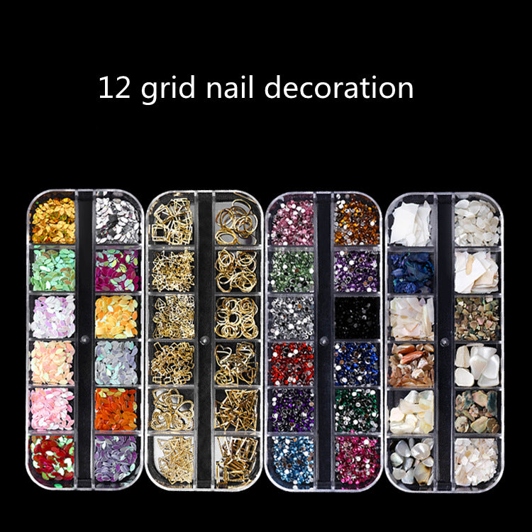 NDE050  Hot Selling Nail Rhinestone 12 Grid Boxed Mixed Rivet Jewelry Symphony Pearl Sequin Chain Nail Accessories