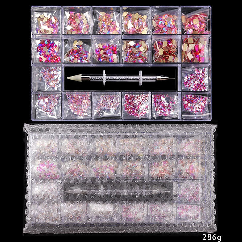 NRB011  3D Diamond Colorful Boxed Nail Rhinestone Glitter Flat Glass Shaped Nail Art Decoration Accessories Shiny Jewelry Set