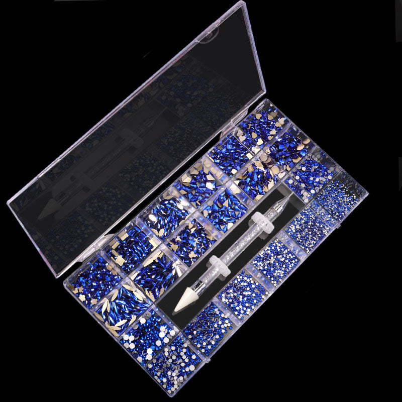 NRB002  Sapphire blue Nail Art Mix Shape Fancy Shaped In Box Flat Bottom Glass nail rhinestone art decoration rhinestones