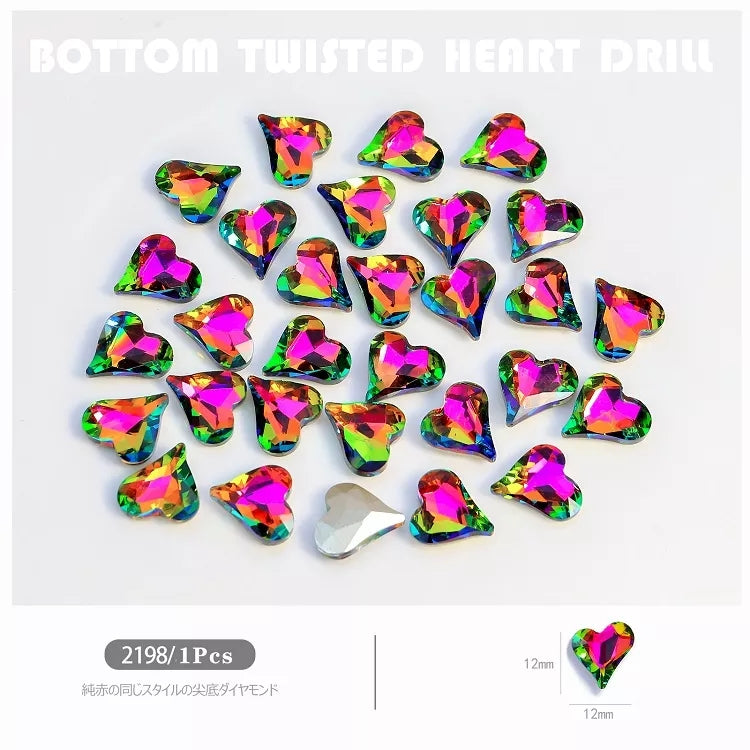 NZJ027  Large Nail Art Rhinestone Pointed Bottom Crooked Heart High Quality Glass Stone Fashion Fingernail DIY Decoration Accessories