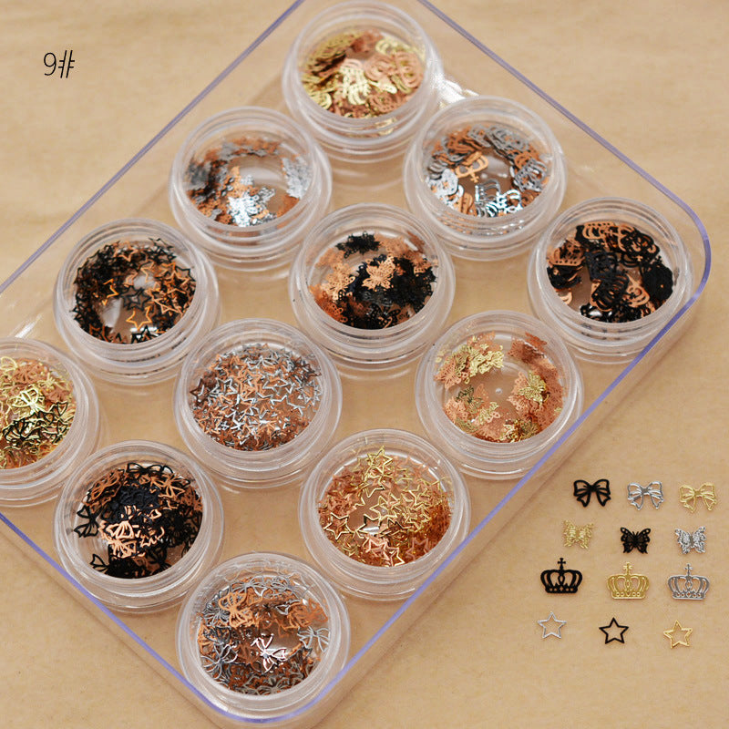 NRD012  1 box Gold Hollow Out Nail Glitter Sequins Mixed Flowers Star Designs Metal Thin Slice Paillette Polish Nails