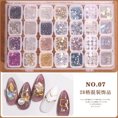 NRD011   28 grid/box mix 3D Pearl Rivet Steel Ball Shell Metal Studs Rhinestones Pearl Nail Jewelry DIY Art Accessories