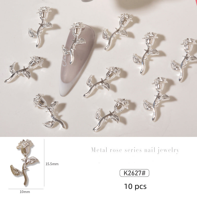 NZJ034 10 pcs/pack nail metal Rose alloy Accessories light luxury 3D Rose silver nail jewelry