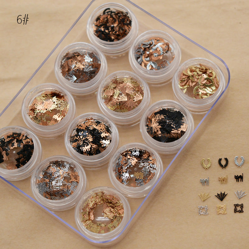 NRD012  1 box Gold Hollow Out Nail Glitter Sequins Mixed Flowers Star Designs Metal Thin Slice Paillette Polish Nails