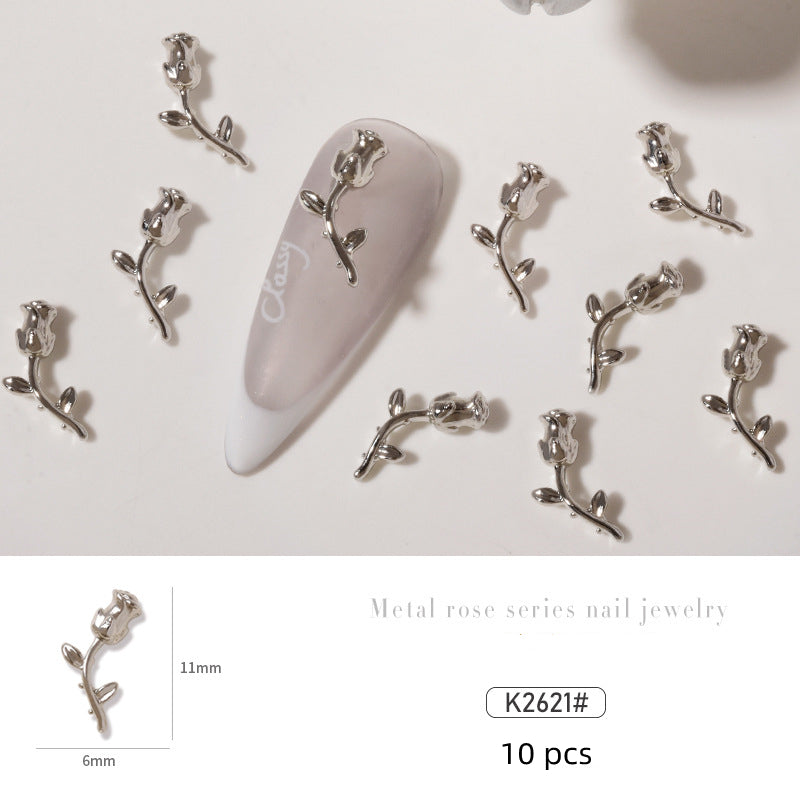 NZJ034 10 pcs/pack nail metal Rose alloy Accessories light luxury 3D Rose silver nail jewelry