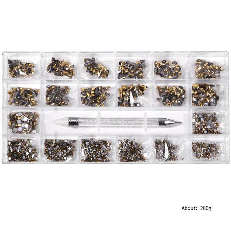 NRB005  Gold Nail Art Mix Shape Fancy Shaped In Box Flat Bottom Glass nail rhinestone art decoration gold rhinestones