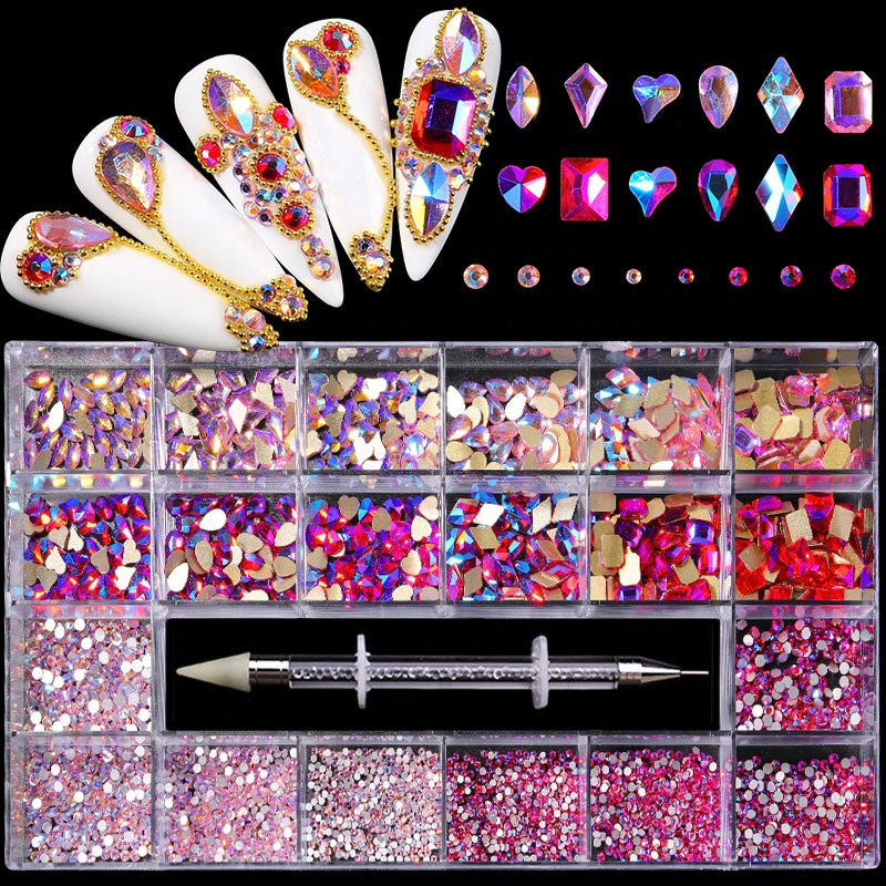 NRB011  3D Diamond Colorful Boxed Nail Rhinestone Glitter Flat Glass Shaped Nail Art Decoration Accessories Shiny Jewelry Set