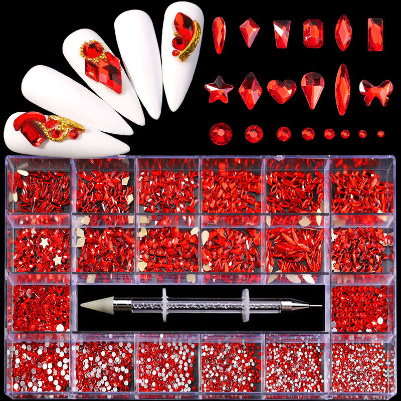 NRB013   Shiny Red Nail Art Shape Fancy Shaped In Box Flat Bottom Glass nail rhinestone art decoration rhinestones