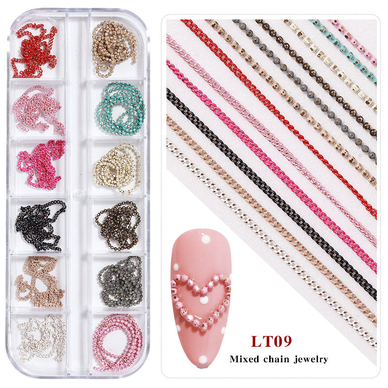 NDE054  ForLife new 12 grid boxed chain DIY nail art decoration metal rhinestone gold and silver chain