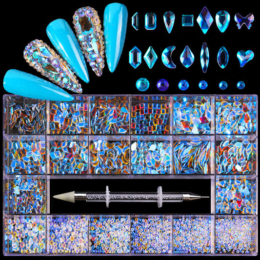 NRB012  ForLife Aurora blue Nail Art Mix Shape Fancy Shaped Box Flat Bottom Glass nail rhinestone art decoration white rhinestones