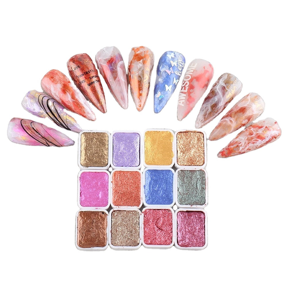 FNP069  Manicure Watercolor Pigment Solid Pearlescent Watercolors Glitter Solid Gold Paint Set