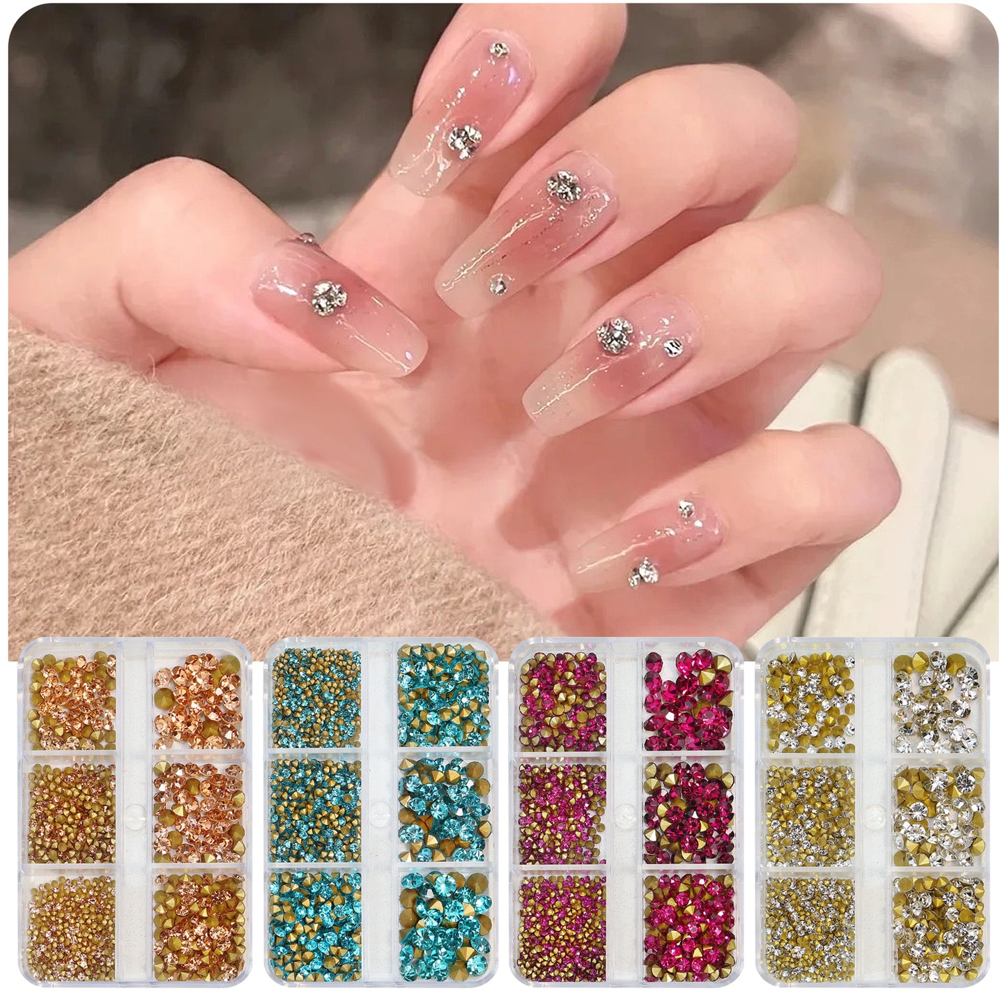 NRS031  6 grids/box pointed bottom colored glass rhinestones pink blue nail art rhinestone decoration