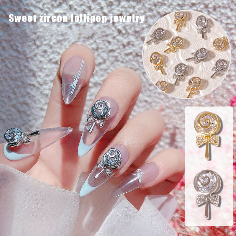 NZJ055  New nail art lollipop zircon jewelry metal gold and silver jewelry luxury nail diamond accessories