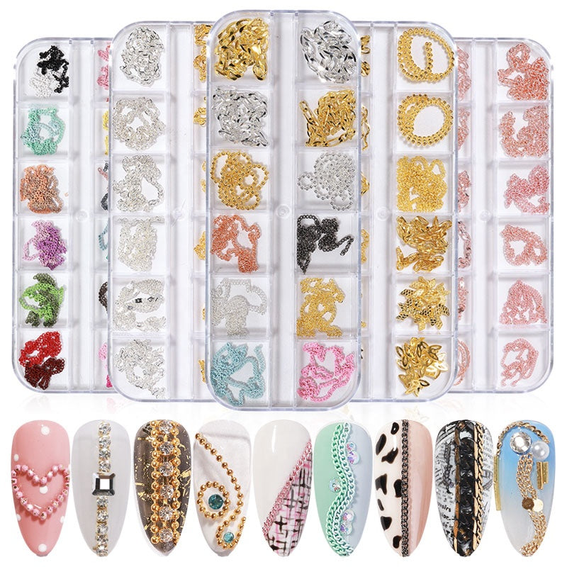 NDE054  ForLife new 12 grid boxed chain DIY nail art decoration metal rhinestone gold and silver chain