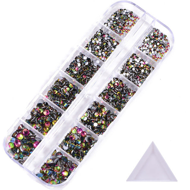 NRS016  ForLife Hot sale style glass flat bottom rhinestone 12 grid set nail art rhinestone shiny crystal nail art accessories