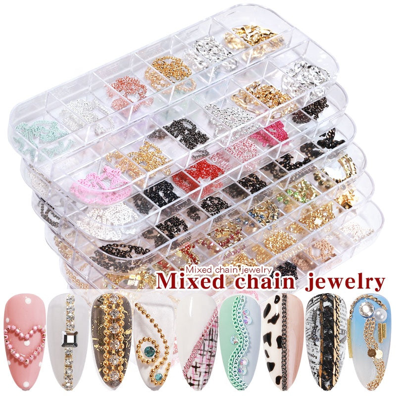 NDE054  ForLife new 12 grid boxed chain DIY nail art decoration metal rhinestone gold and silver chain