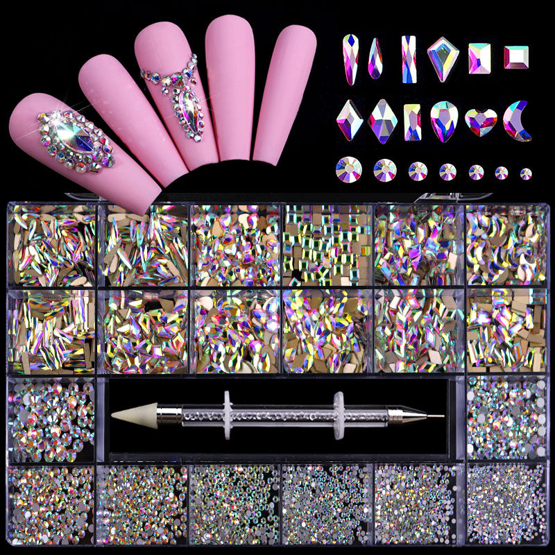 NRB017  Shiny Crystal AB White Rainbow Nail Art Mix Shape Fancy In Box Flat Bottom Glass nail rhinestone art decoration rhinestones