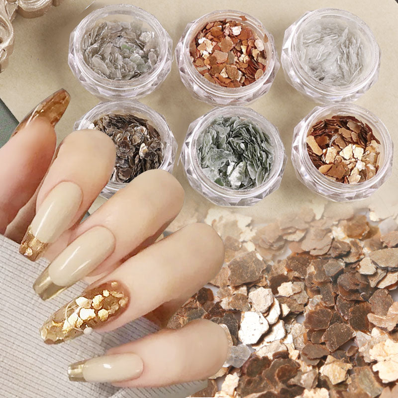 NDE038  ForLife 6 color/set Natural Mica Sheet Fragments Texture Thin Slice Nail Art Flakes Decoration Slice DIY Manicure tips