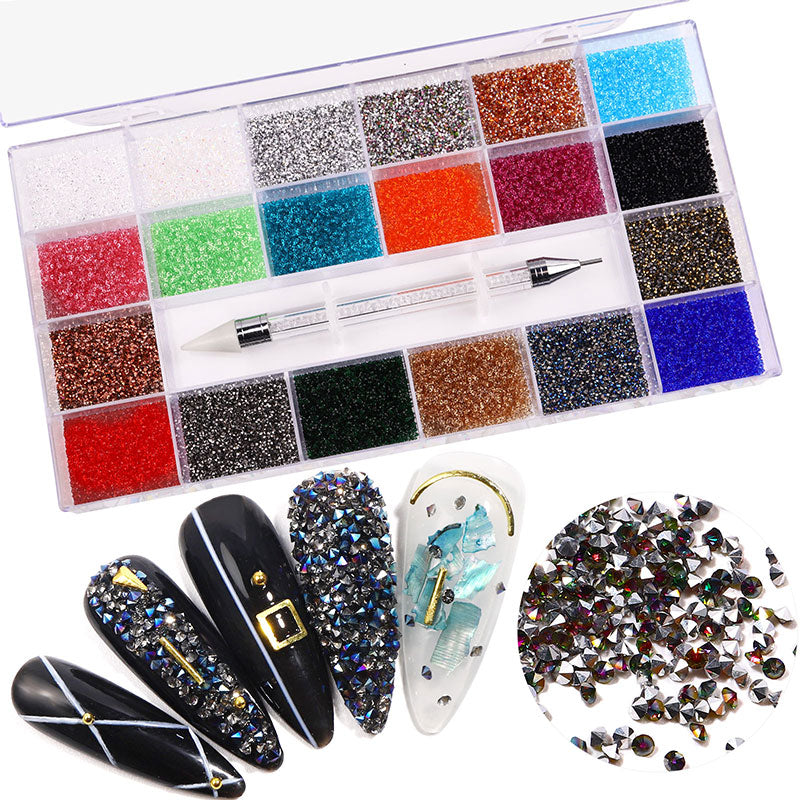 NRB018  21 Grids Mixed Color Micro Diamond Nail Art Flat Glass Round Shaped Rhinestone Box Nail Art Accessories DIY Set