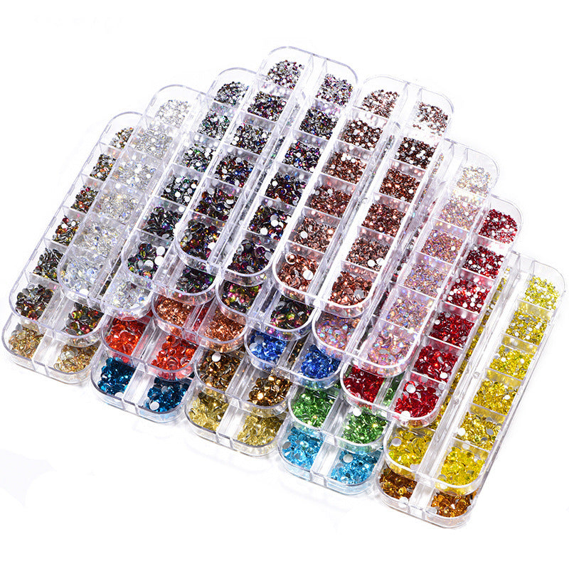 NRS016  ForLife Hot sale style glass flat bottom rhinestone 12 grid set nail art rhinestone shiny crystal nail art accessories