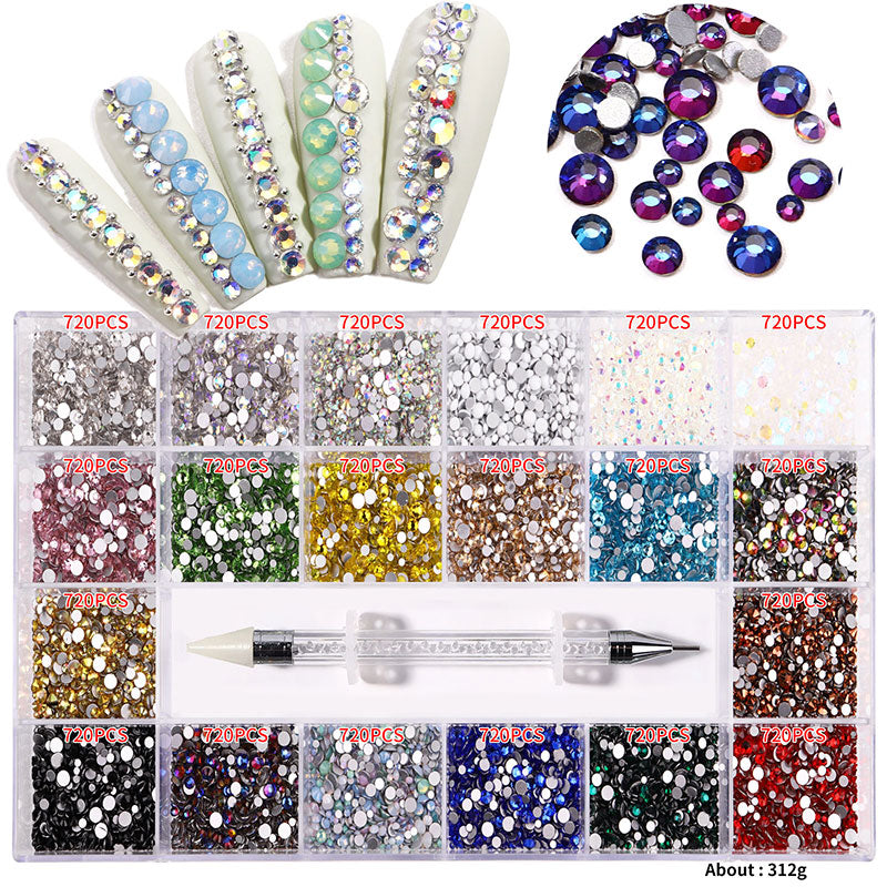 NRB018  21 Grids Mixed Color Micro Diamond Nail Art Flat Glass Round Shaped Rhinestone Box Nail Art Accessories DIY Set