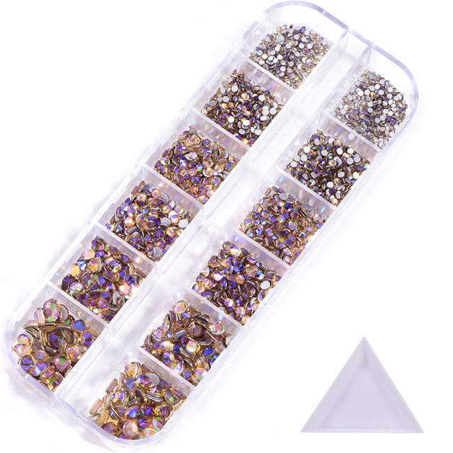 NRS016  ForLife Hot sale style glass flat bottom rhinestone 12 grid set nail art rhinestone shiny crystal nail art accessories