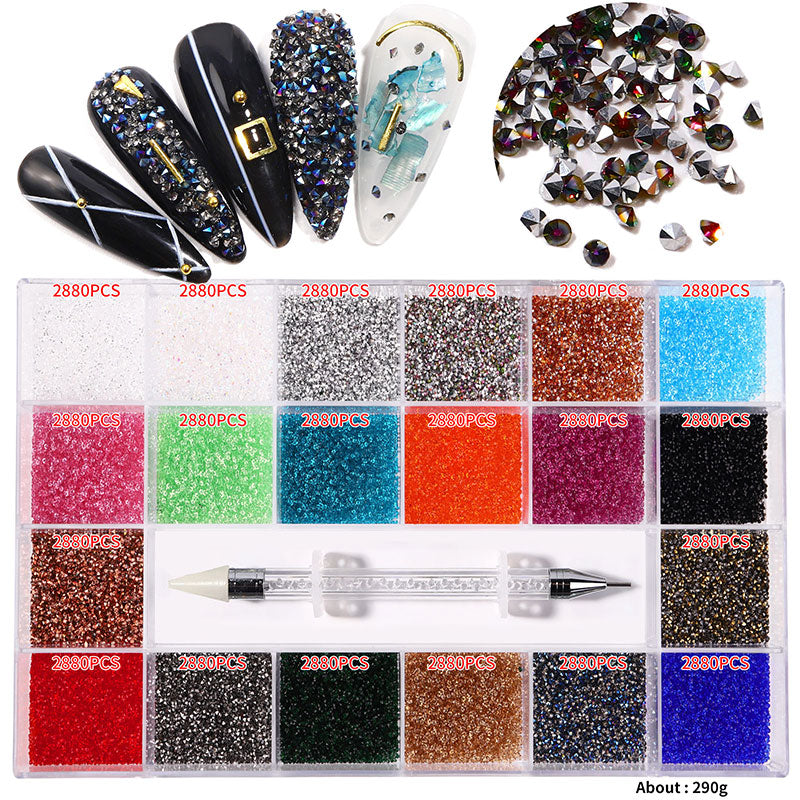 NRB018  21 Grids Mixed Color Micro Diamond Nail Art Flat Glass Round Shaped Rhinestone Box Nail Art Accessories DIY Set