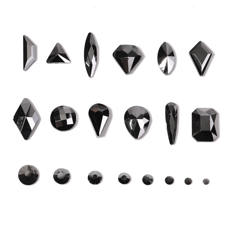 NRB008  Crystal black Nail Art Mix Shape Fancy Shaped In Box Flat Bottom Glass nail rhinestone art decoration black rhinestones