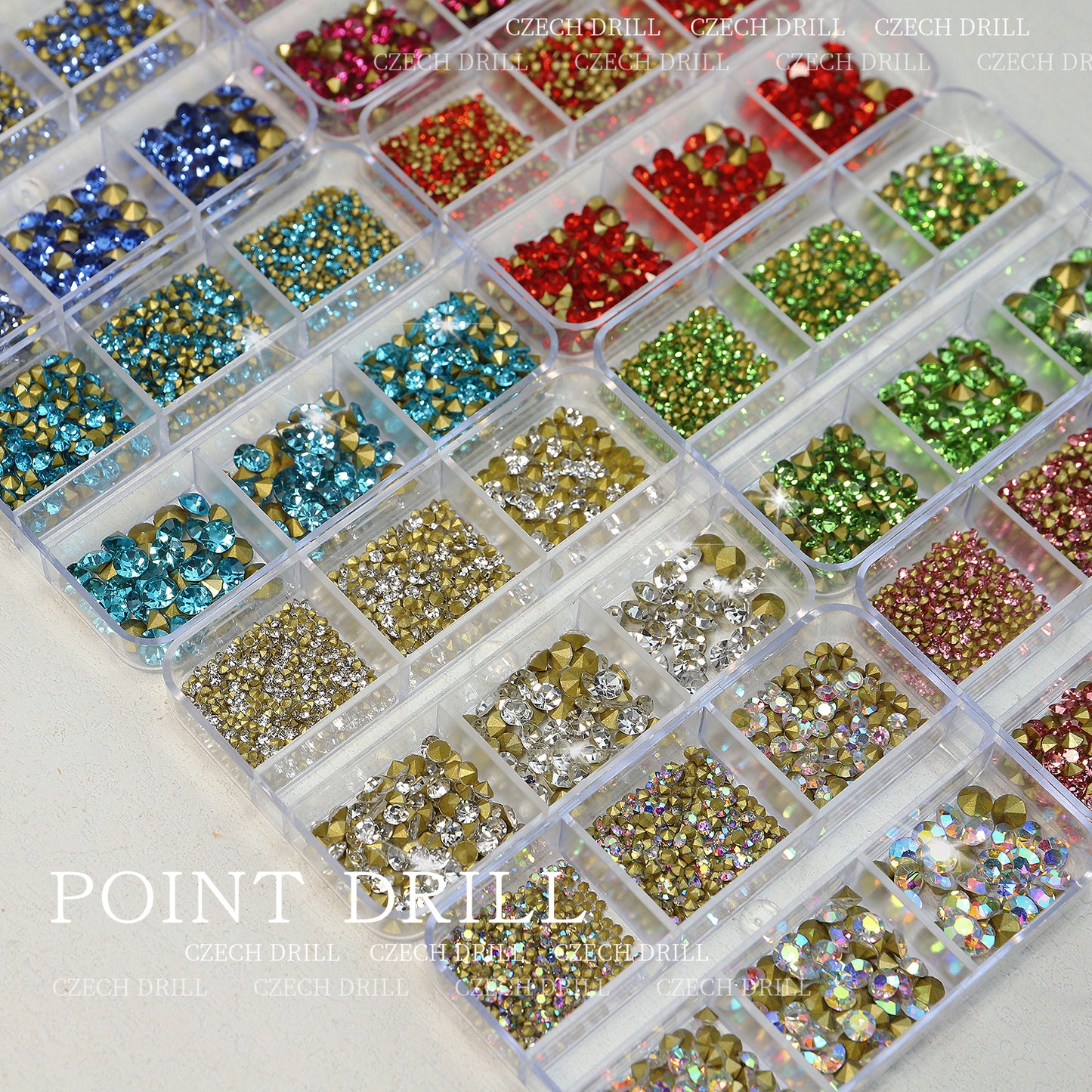 NRS031  6 grids/box pointed bottom colored glass rhinestones pink blue nail art rhinestone decoration