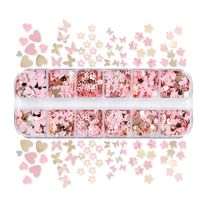 NDE063  Pink Gold Butterfly Love Flower Rabbit Nail Art Sequins Beauty Decorative Sequins