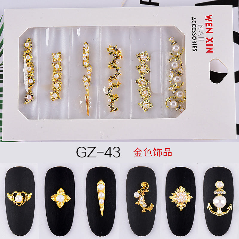 NDE013  ForLife 6 Grid Pack Flatback Nail Art Rhinestones Zircon Resin Flower Alloy Chain 2 Sections Nail Decorations tools