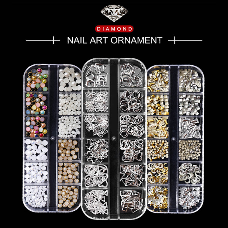 NDE050  Hot Selling Nail Rhinestone 12 Grid Boxed Mixed Rivet Jewelry Symphony Pearl Sequin Chain Nail Accessories