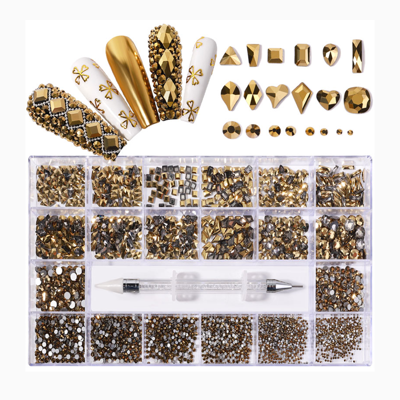 NRB005  Gold Nail Art Mix Shape Fancy Shaped In Box Flat Bottom Glass nail rhinestone art decoration gold rhinestones