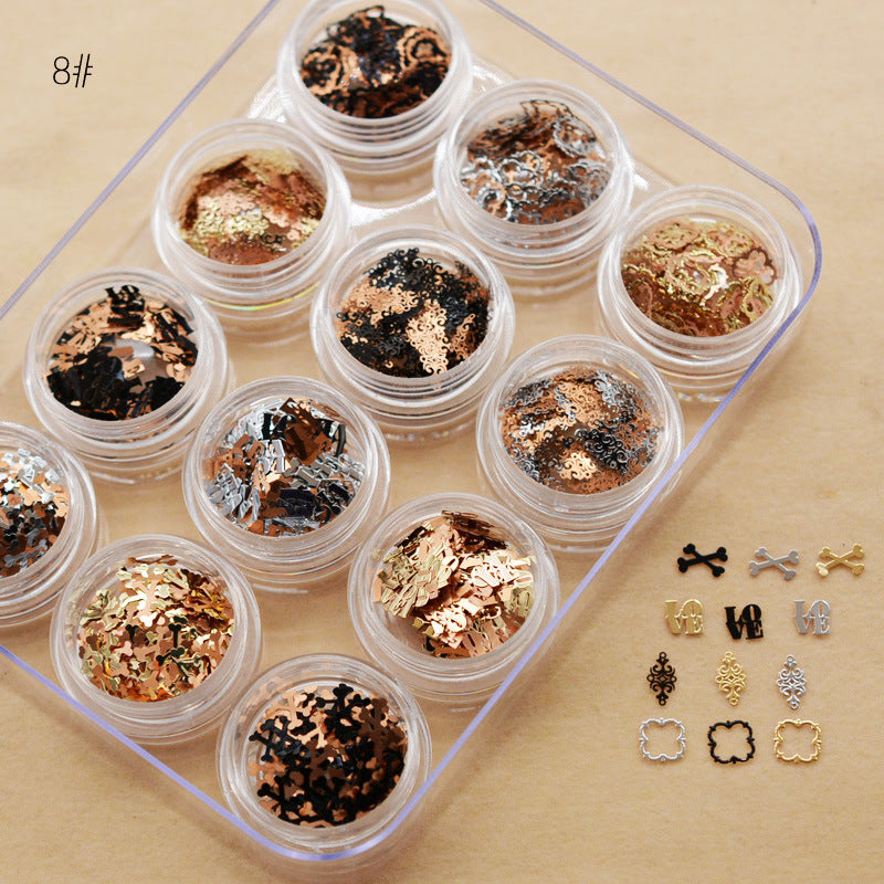 NRD012  1 box Gold Hollow Out Nail Glitter Sequins Mixed Flowers Star Designs Metal Thin Slice Paillette Polish Nails