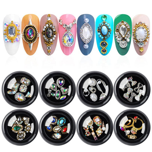 NZJ063  6 PCS Mixed Alloy Nail Art Decorations 3D Rhinestones Retro Flatback Shiny Diamonds Crystals Opal Beads Set