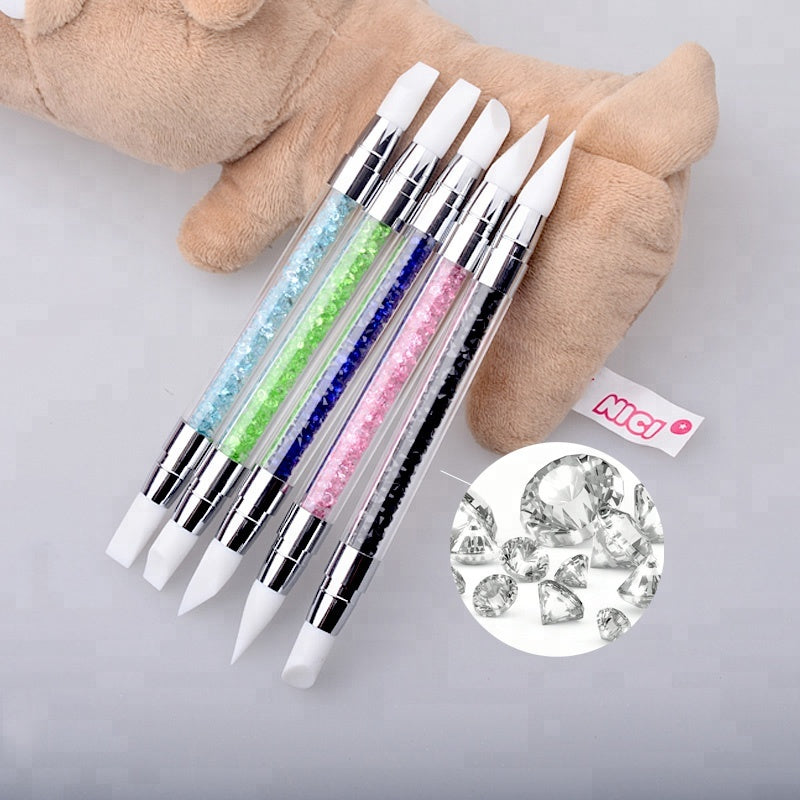 NAB013  ForLife 2 Way Silicone Head UV Gel Nail Art Brush Carving Pen Acrylic Handle Salon Nail Tools Beauty Rhinestone Polish Pen