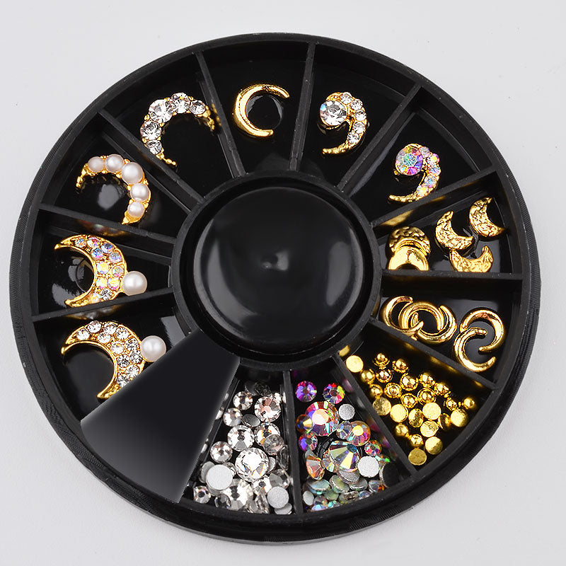 NAW016 Mix Design Star Moon Shape Alloy Rhinestone Nail Art Decoration Wheel Round Metal Rivet Finger Nail Jewelry