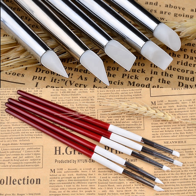 NAB006  ForLife 5pcs/set Silicone Nail Art Brush Red Wooden Handle UV Gel Polish Sculpture Glitter Applicator Manicure Nail Tools