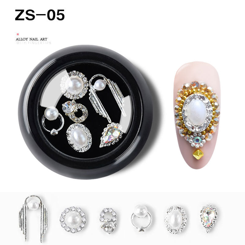 NZJ063  6 PCS Mixed Alloy Nail Art Decorations 3D Rhinestones Retro Flatback Shiny Diamonds Crystals Opal Beads Set