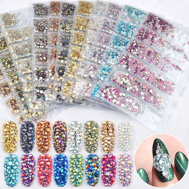 NRS015  New 16Colors Muliti Size 1440Pcs AB Crystal Glass Rhinestones Nail Art Non Hotfix Flatbacks Nail Decorations SS4-SS16