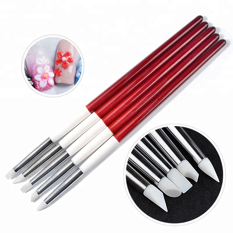 NAB006  ForLife 5pcs/set Silicone Nail Art Brush Red Wooden Handle UV Gel Polish Sculpture Glitter Applicator Manicure Nail Tools