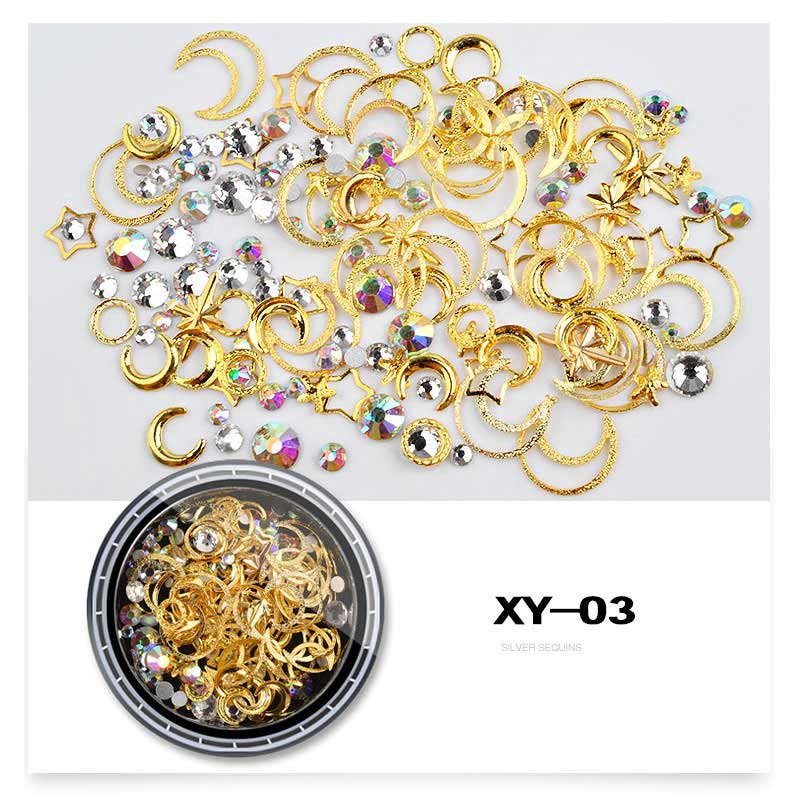 NRD010 1Box Mix AB Crystal Rhinestones Hollow Metal Studs 3d Moon Star Rivets Glitter DIY Nail Art Decoration