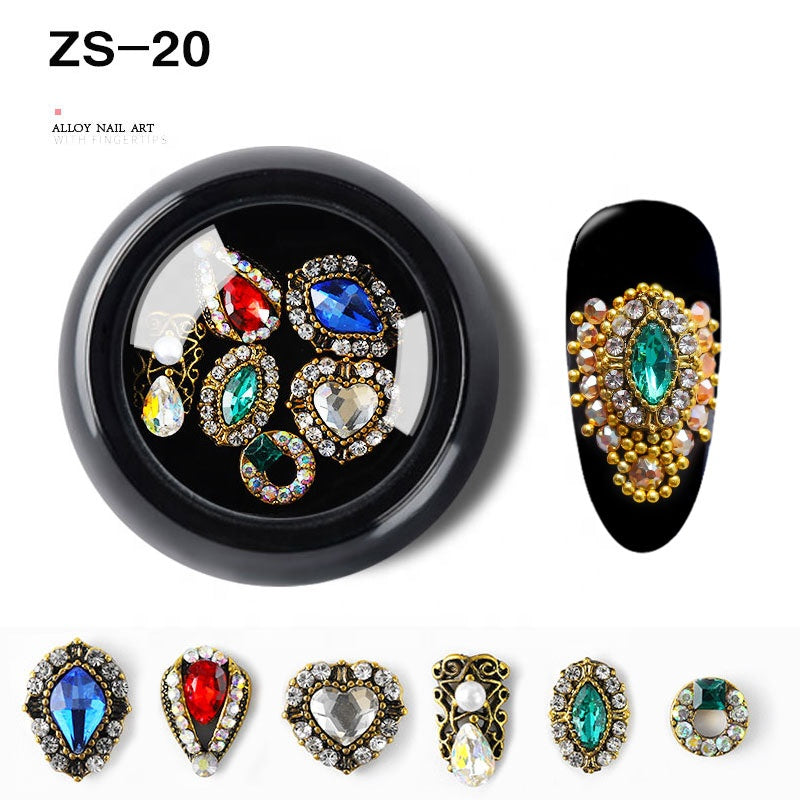 NZJ063  6 PCS Mixed Alloy Nail Art Decorations 3D Rhinestones Retro Flatback Shiny Diamonds Crystals Opal Beads Set