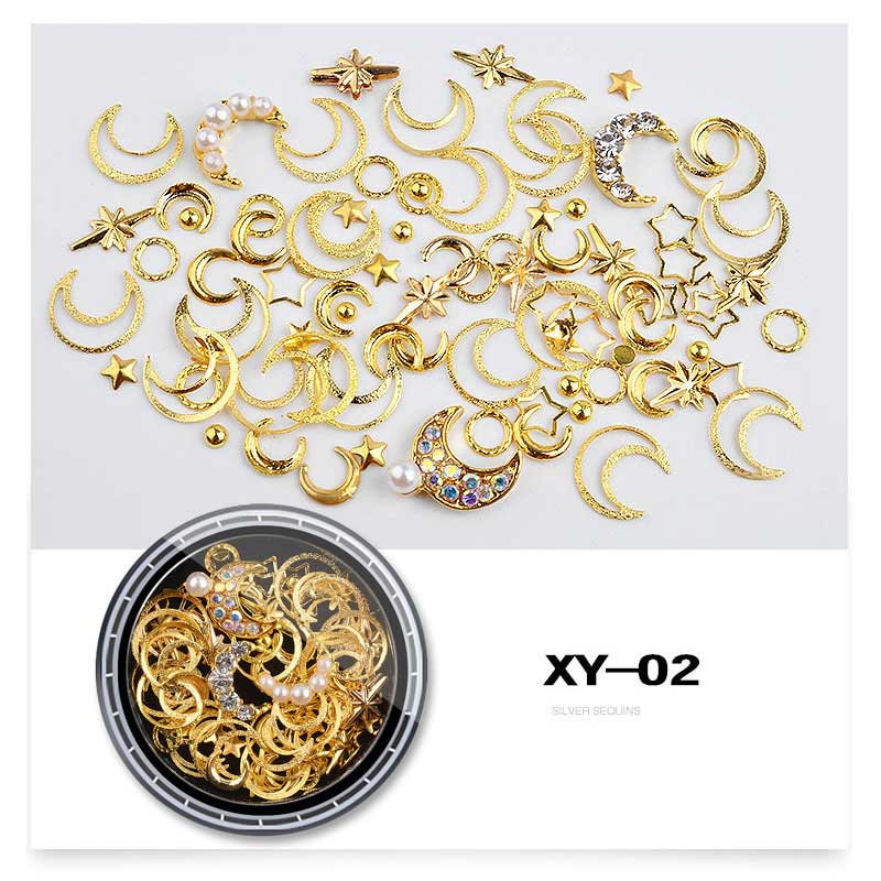 NRD010 1Box Mix AB Crystal Rhinestones Hollow Metal Studs 3d Moon Star Rivets Glitter DIY Nail Art Decoration