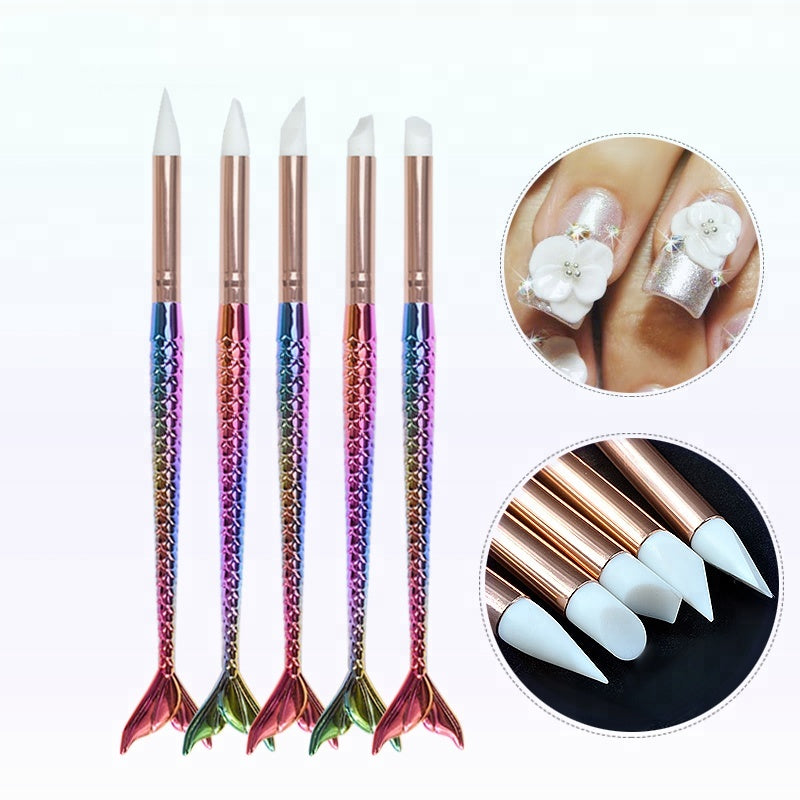 NAB018 ForLife 5 Types Mermaid Silicone Nail Art Brush Pen Carving Emboss Shaping Hollow Sculpture Manicure Tool