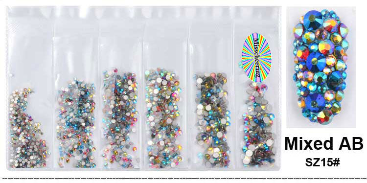 NRS015  New 16Colors Muliti Size 1440Pcs AB Crystal Glass Rhinestones Nail Art Non Hotfix Flatbacks Nail Decorations SS4-SS16